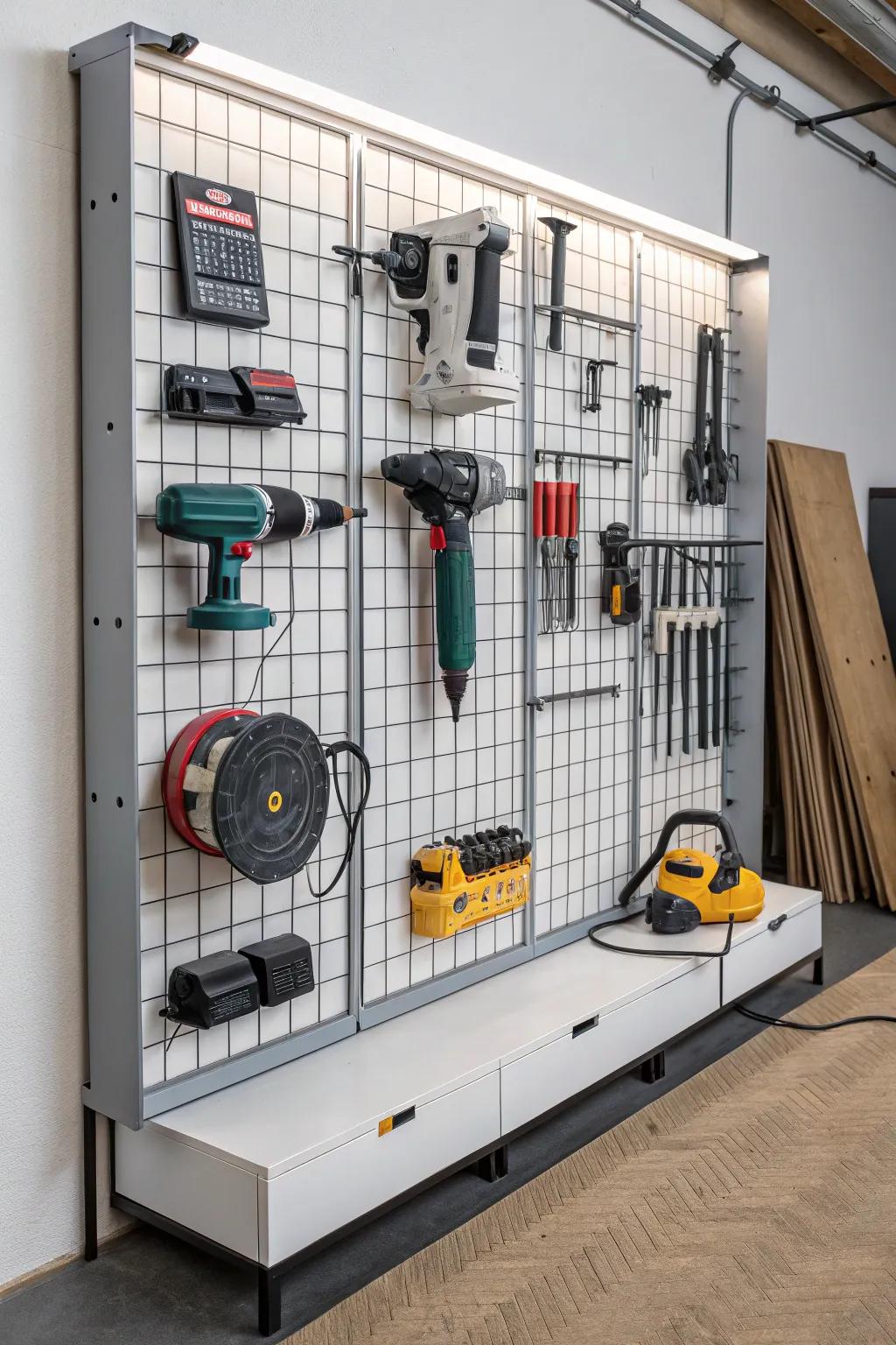 Flexible modular wall grid system for evolving tool storage needs.