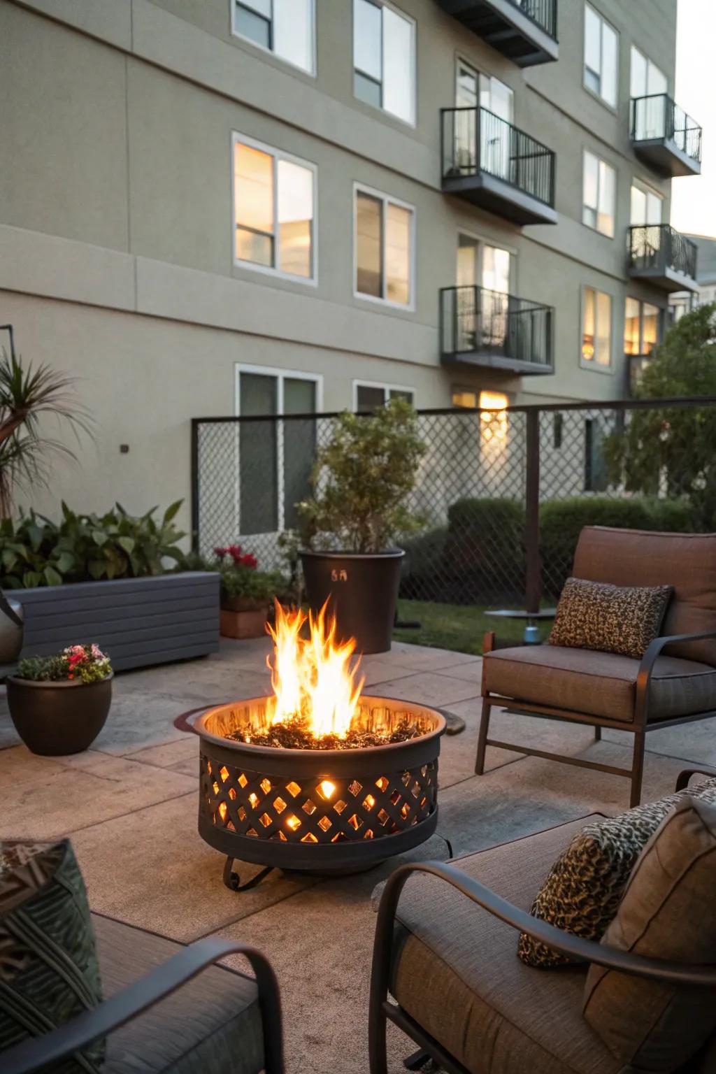 A portable fire pit creates a cozy gathering spot.