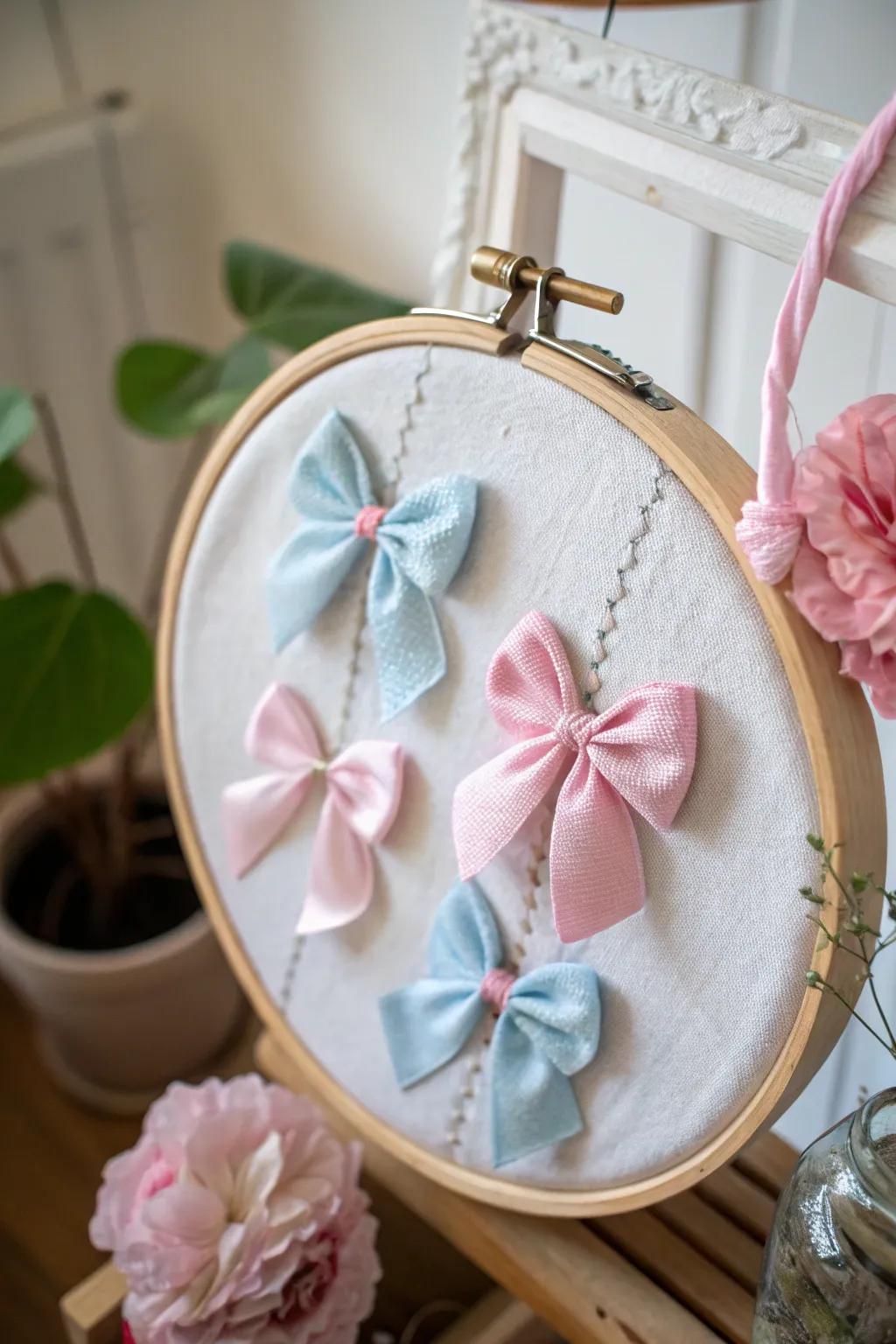 Whimsical embroidery hoop holders for baby bows.