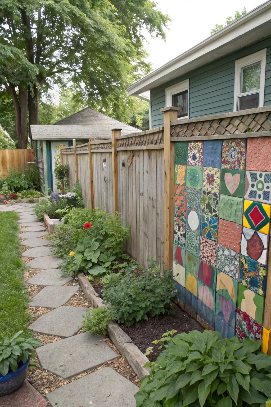 Mosaic tile art adds a personal touch to the garden.