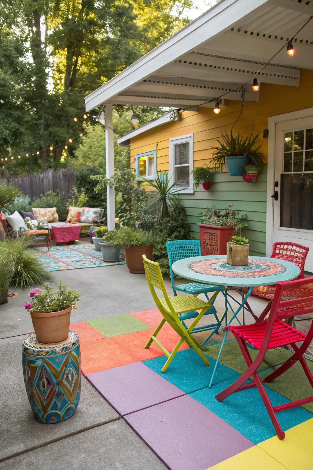 Painted concrete offers a colorful and creative patio flooring option.