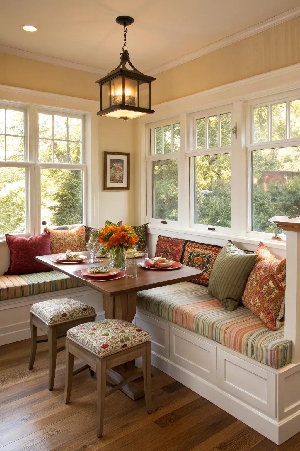 A personalized dining room with banquette seating featuring custom cushions.