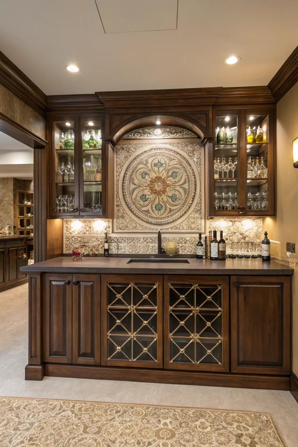 A home bar with a decorative medallion tile backsplash in an elegant design.