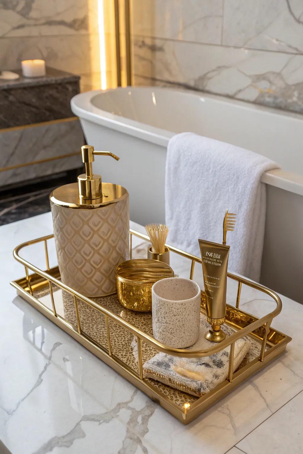 Add a touch of glamour to your bath with a luxurious gold tray.