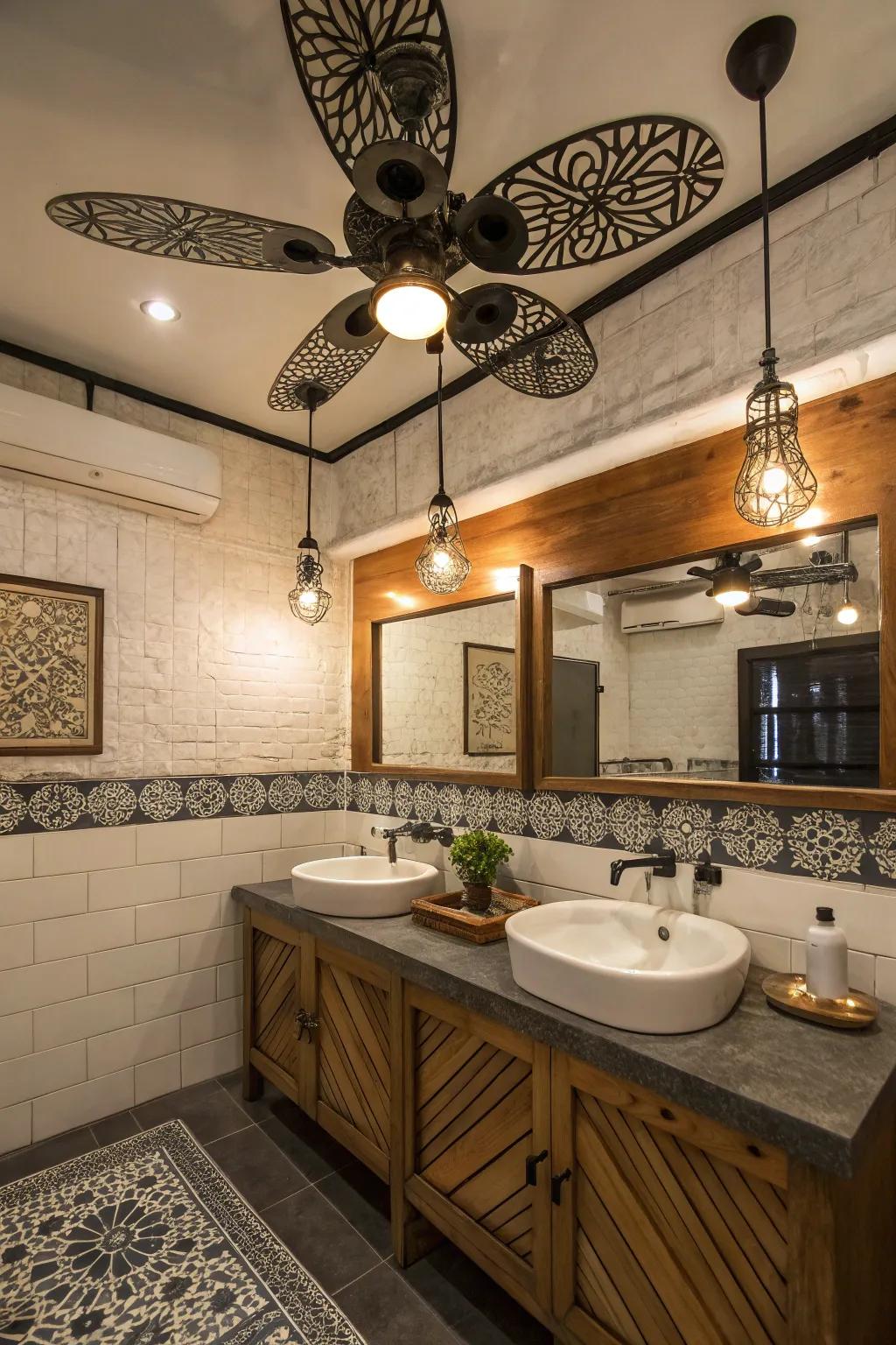 An eclectic bathroom with a unique and personalized ceiling fan design.