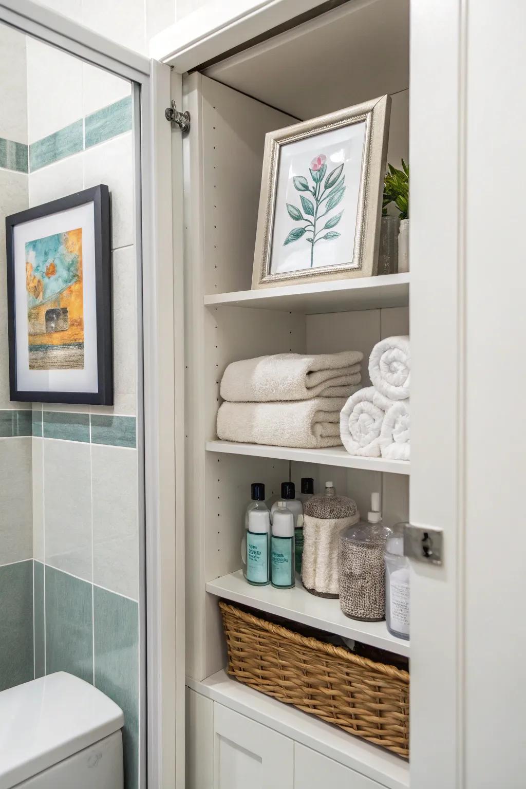 Framed art adding a personal and creative touch to the bathroom closet.