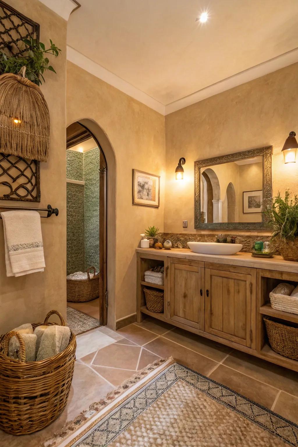 Warm beige walls offer a comforting and grounded bathroom atmosphere.