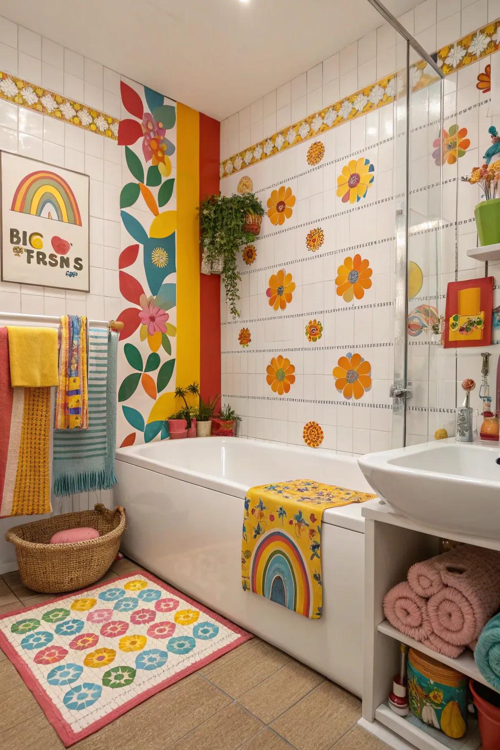 Add a playful retro touch with colorful tiles around your bathtub.