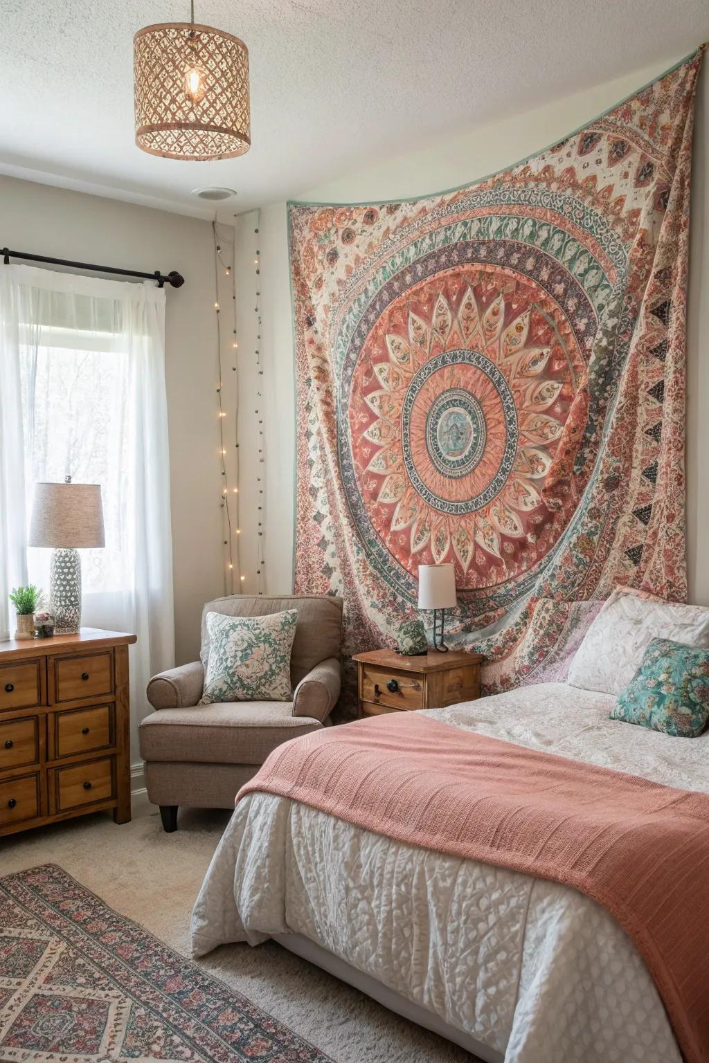 Textile hangings add a bohemian touch.