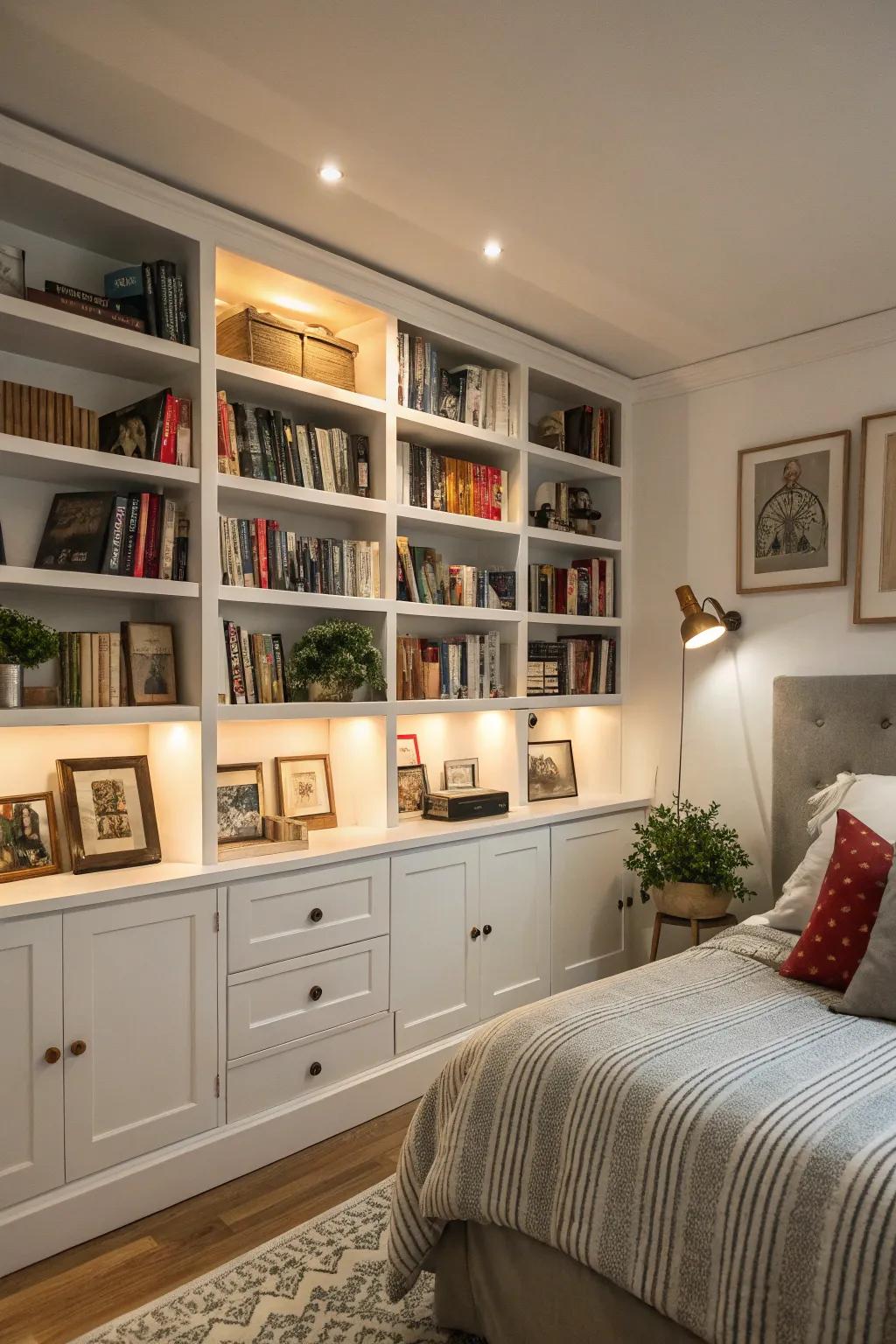 A bedroom with functional and stylish built-in shelving.