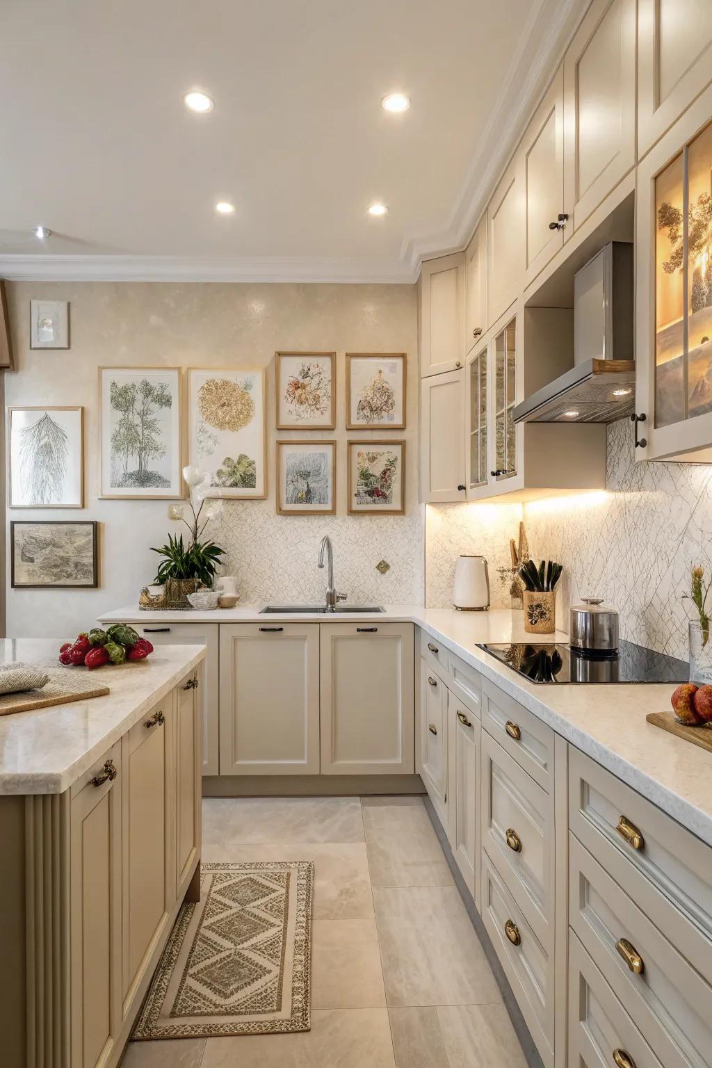 Art pieces add character and act as focal points in the kitchen.
