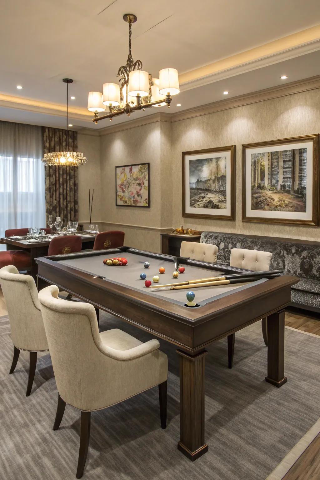 A convertible pool table adding versatility to a billiard room.