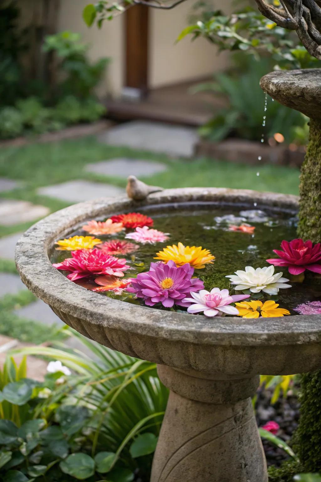 A bird bath adorned with floating flowers for a touch of elegance.