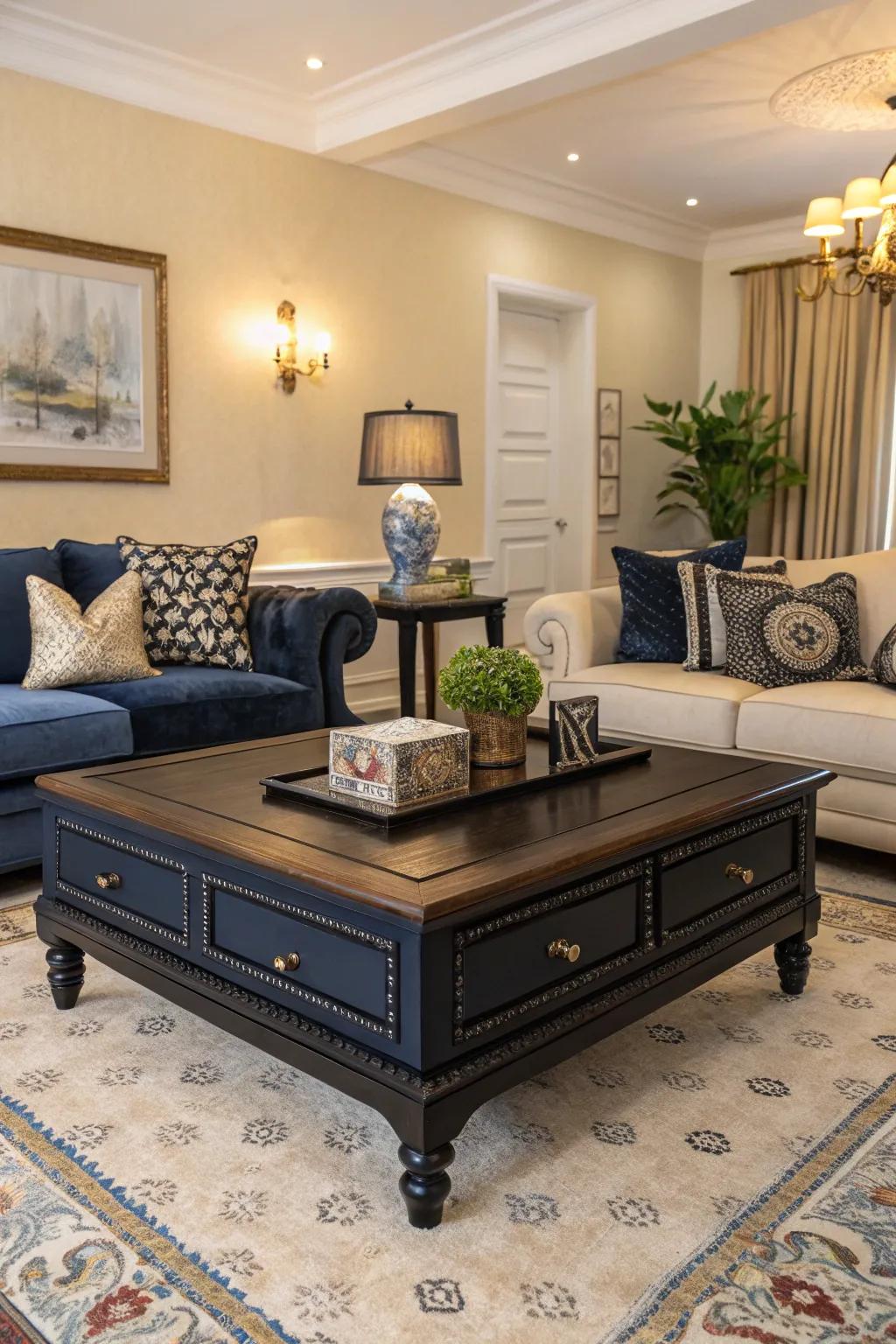 A navy and black coffee table acts as a central hub.