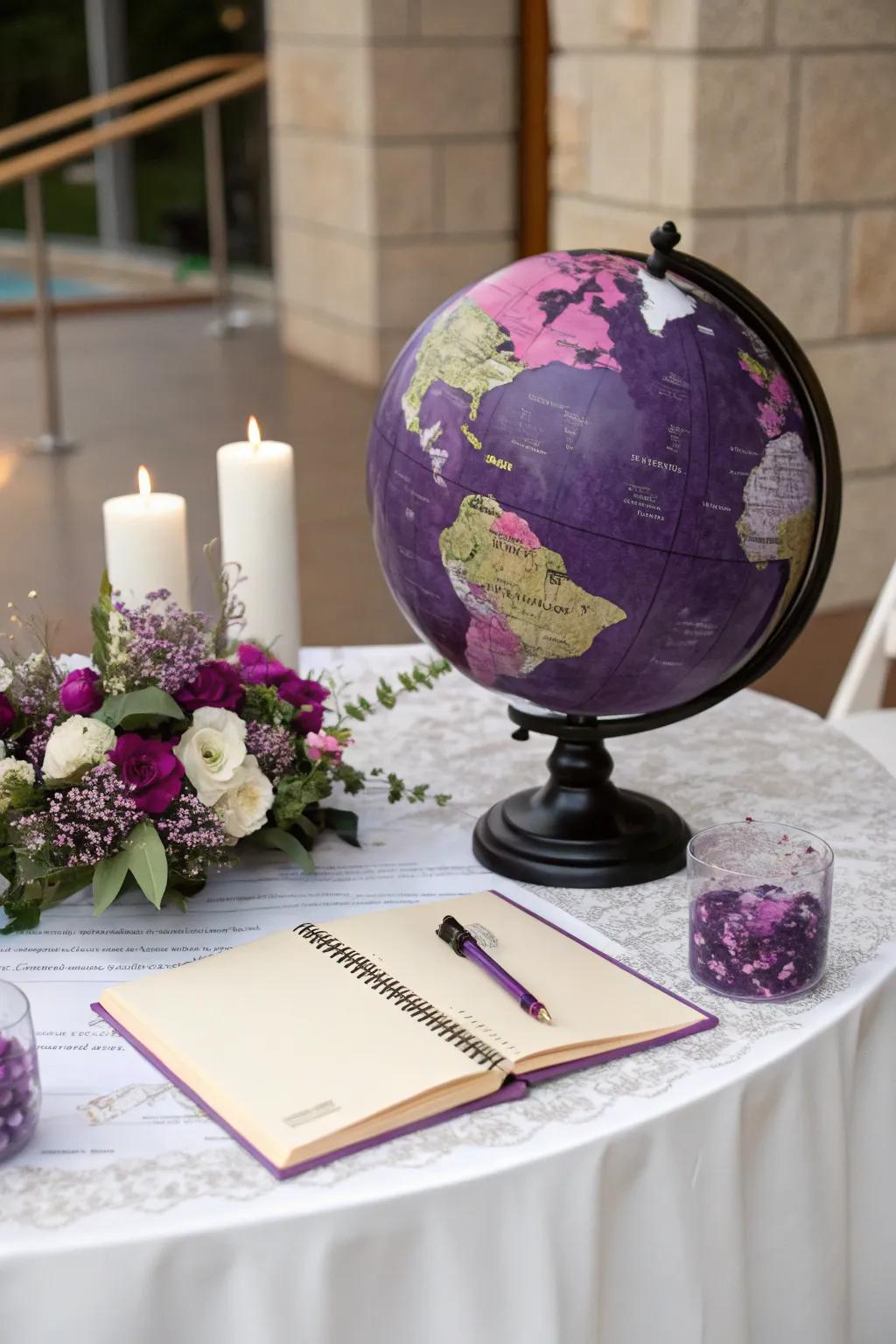 Intriguing guest book alternative with a purple and black globe.