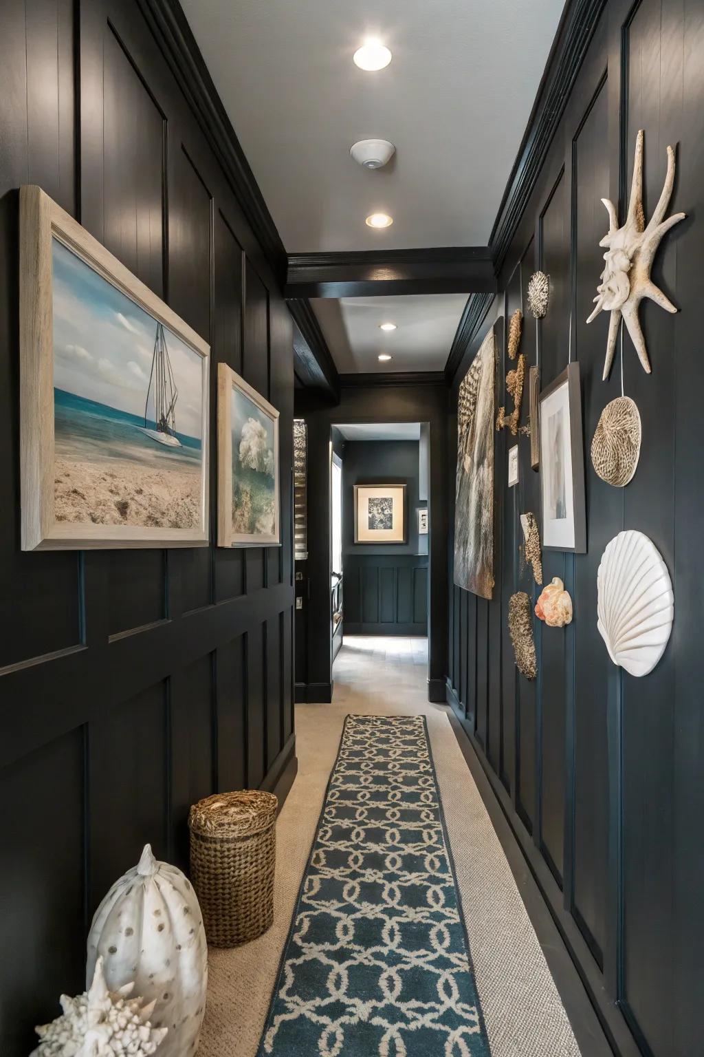 Themed decor ties together the elements of a black hallway.