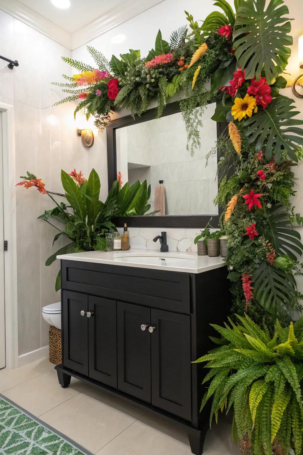 Botanical decor brings a vibrant and refreshing element to a black vanity bathroom.