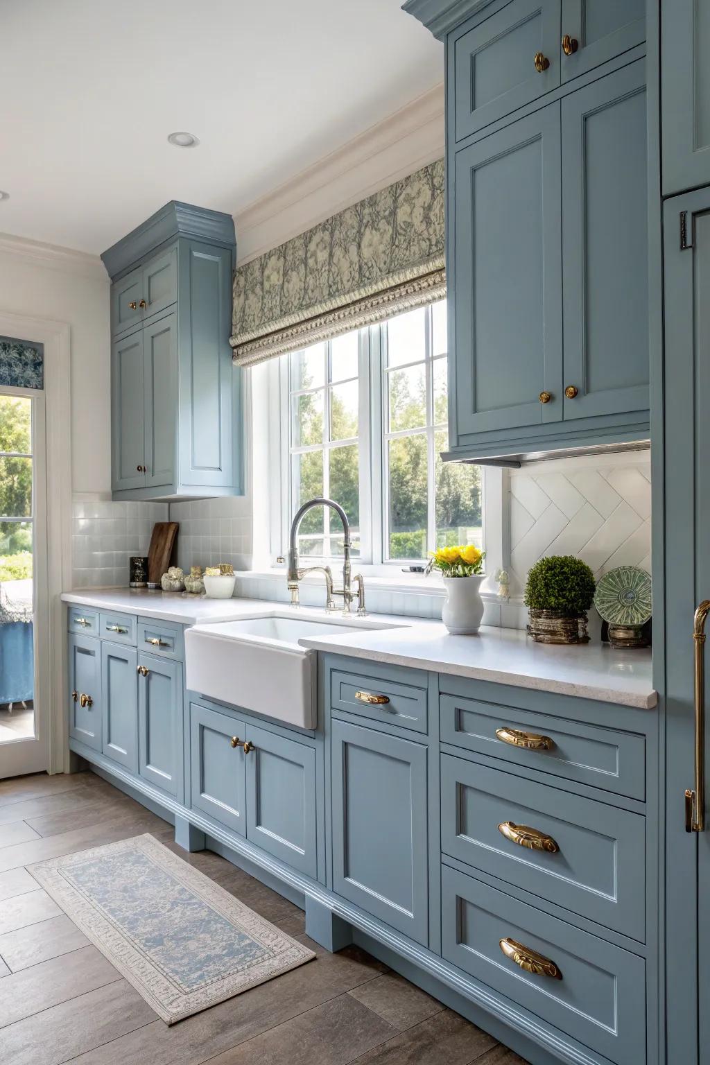 A fusion of classic and modern styles with blue cabinets creates a balanced kitchen design.