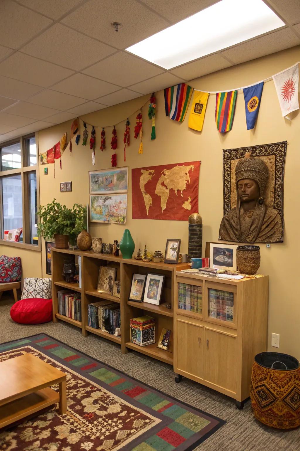 A cultural corner celebrates diversity and inclusion.