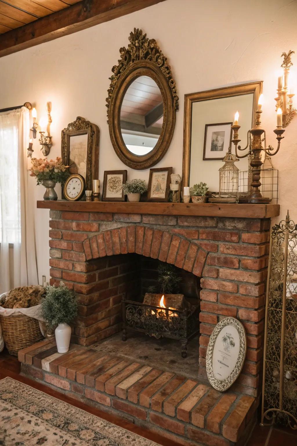 A brick hearth adorned with vintage accents, adding character to the space.