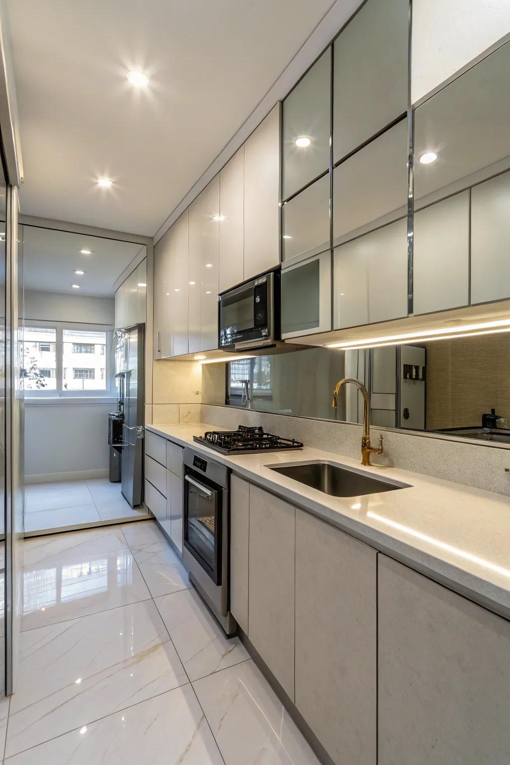 Reflective surfaces create a light and spacious feel in this kitchen.