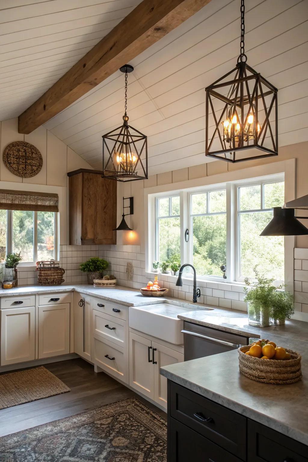 A bungalow kitchen illuminated by bold and eye-catching statement lighting.