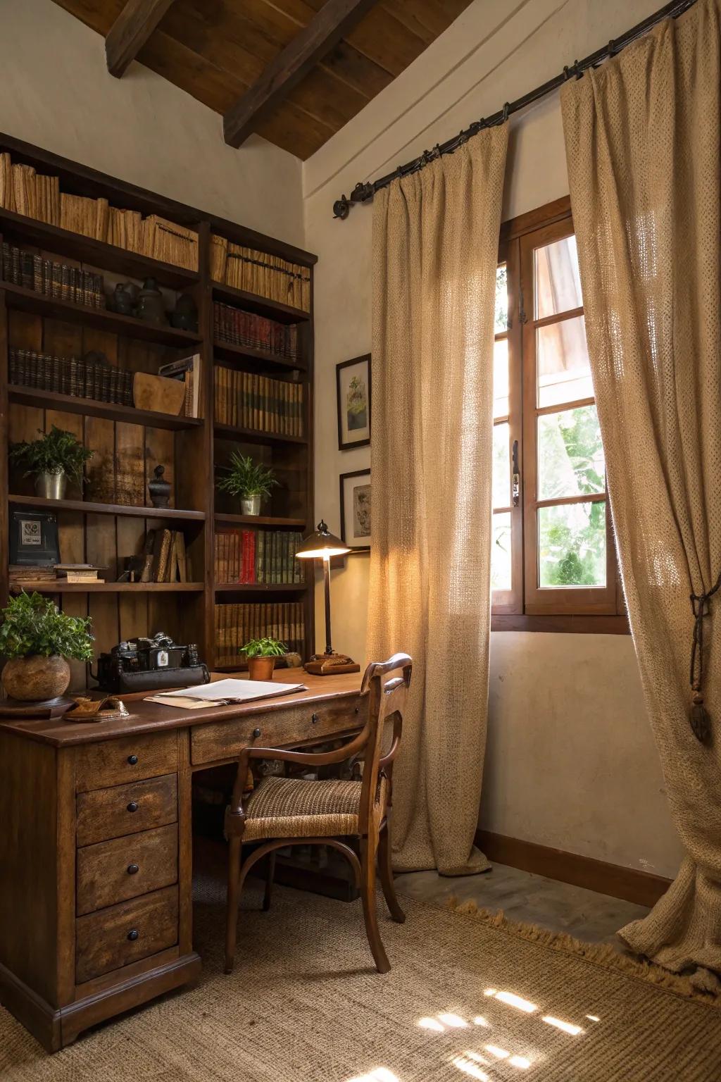 Creative inspiration with burlap curtains in a rustic office.