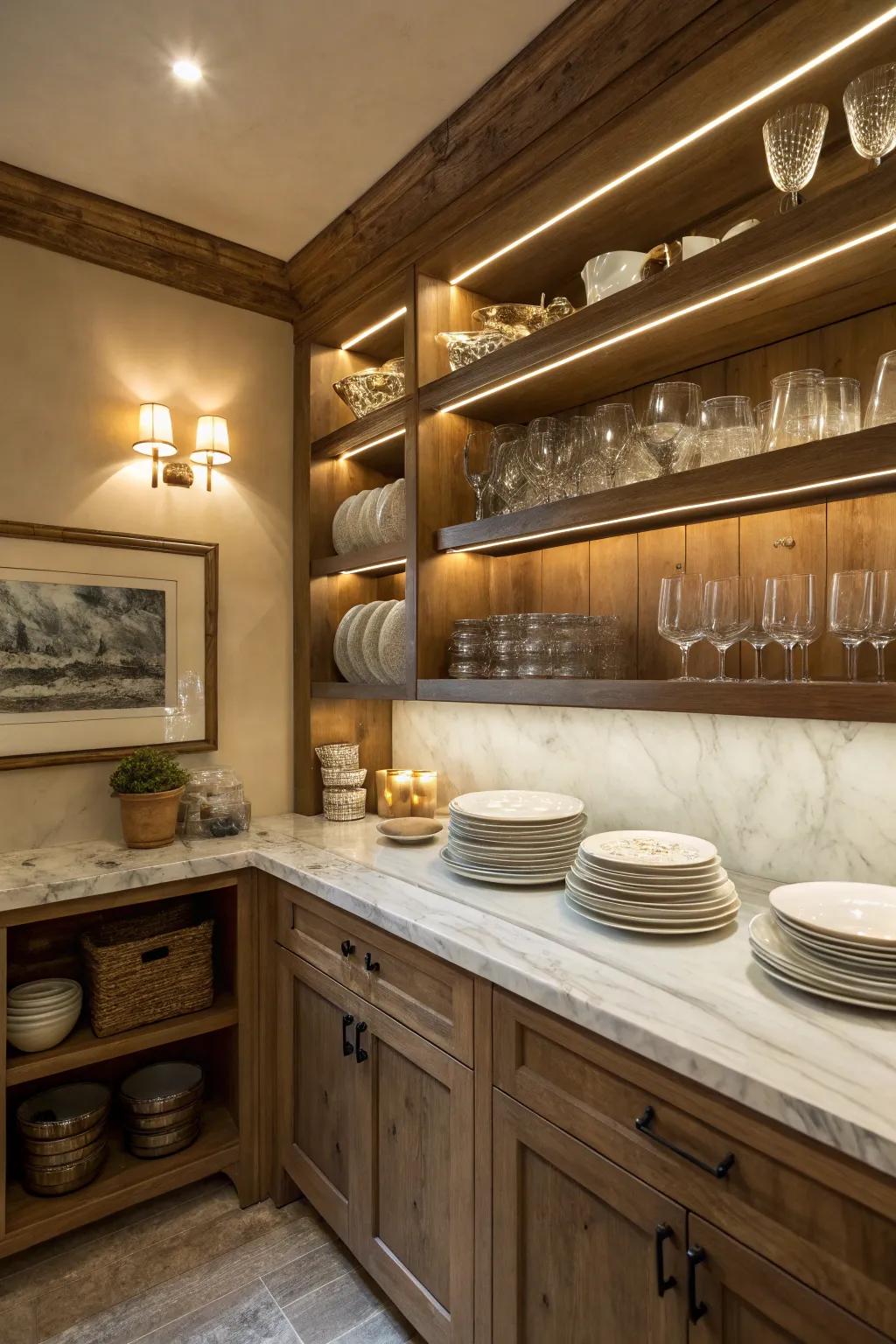 A cozy butler's pantry with under-cabinet lighting for enhanced functionality.