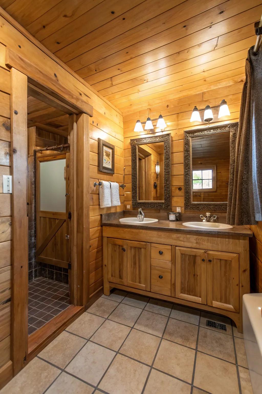 A cabin bathroom with mirrored walls that enhance the space with light.