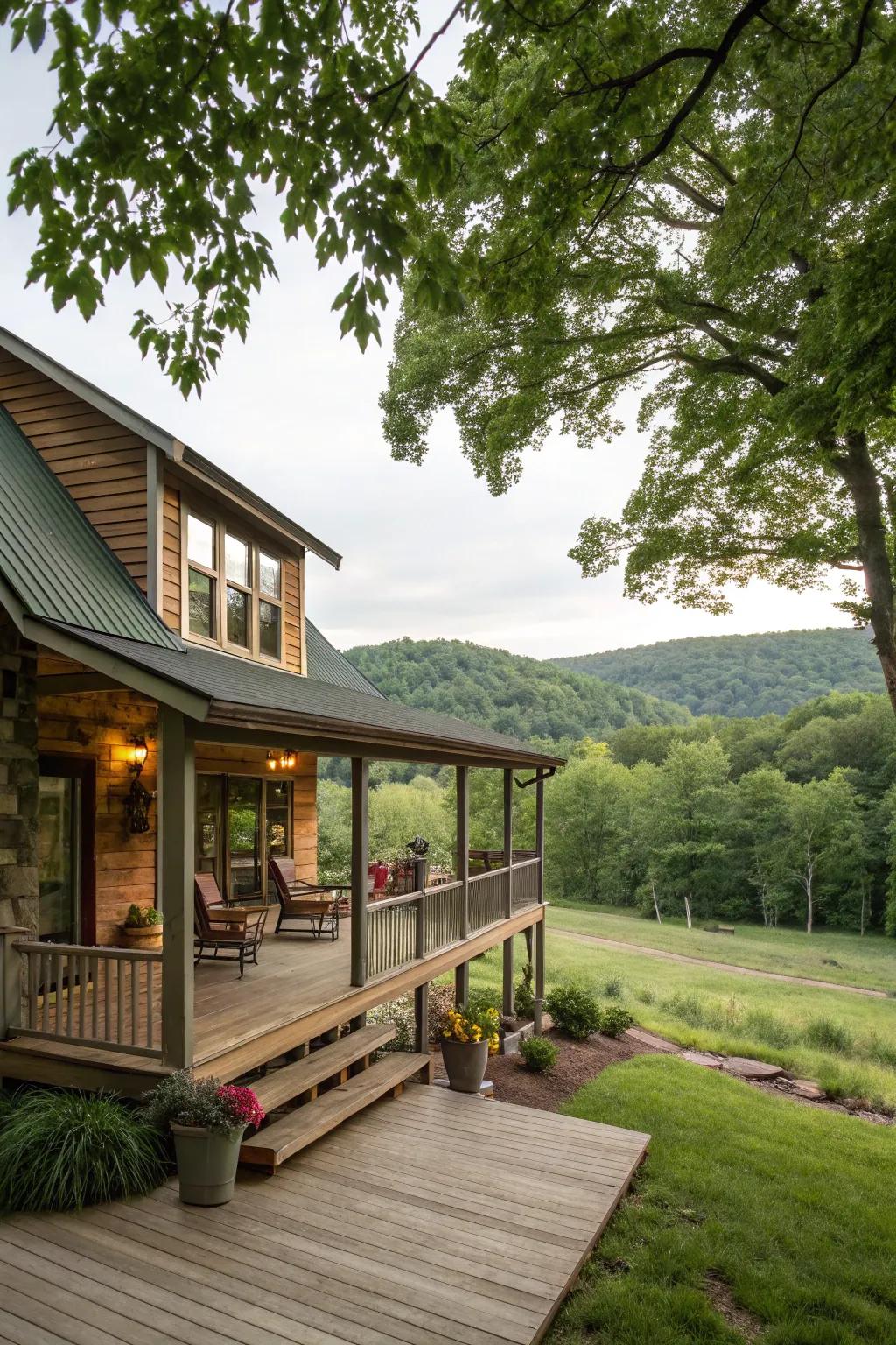 A wraparound porch enhances outdoor living and cabin appeal.