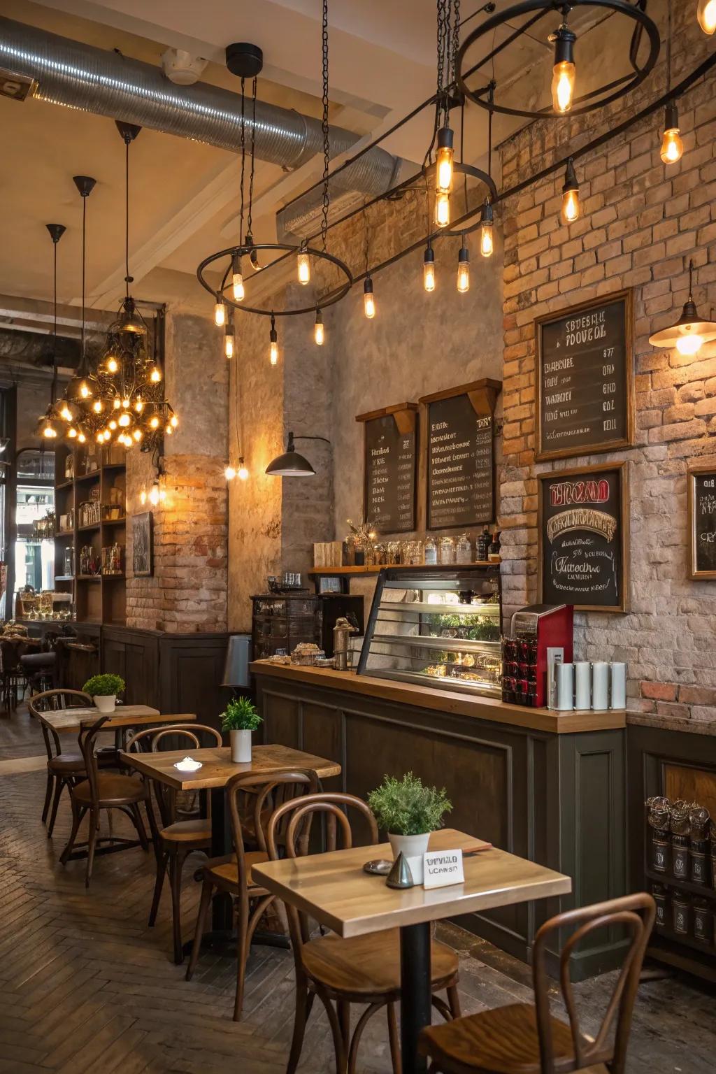 Lighting in a cafe that beautifully highlights its unique architectural features.