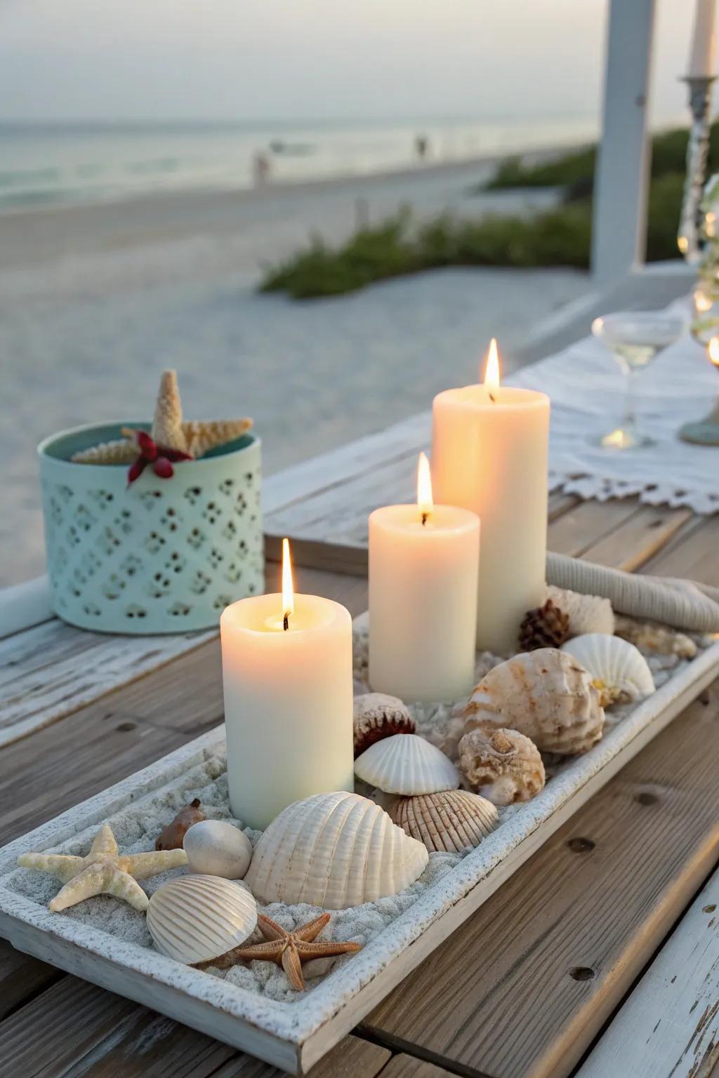 A seaside-themed candle setting with seashells.