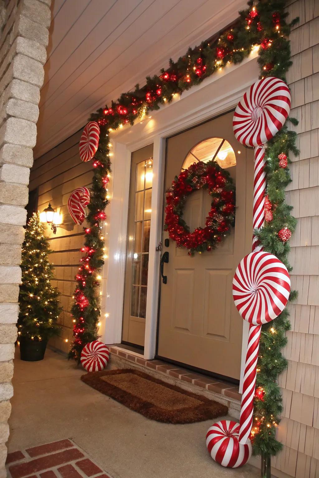 Greet your guests with holiday cheer with candy cane entryway decor.