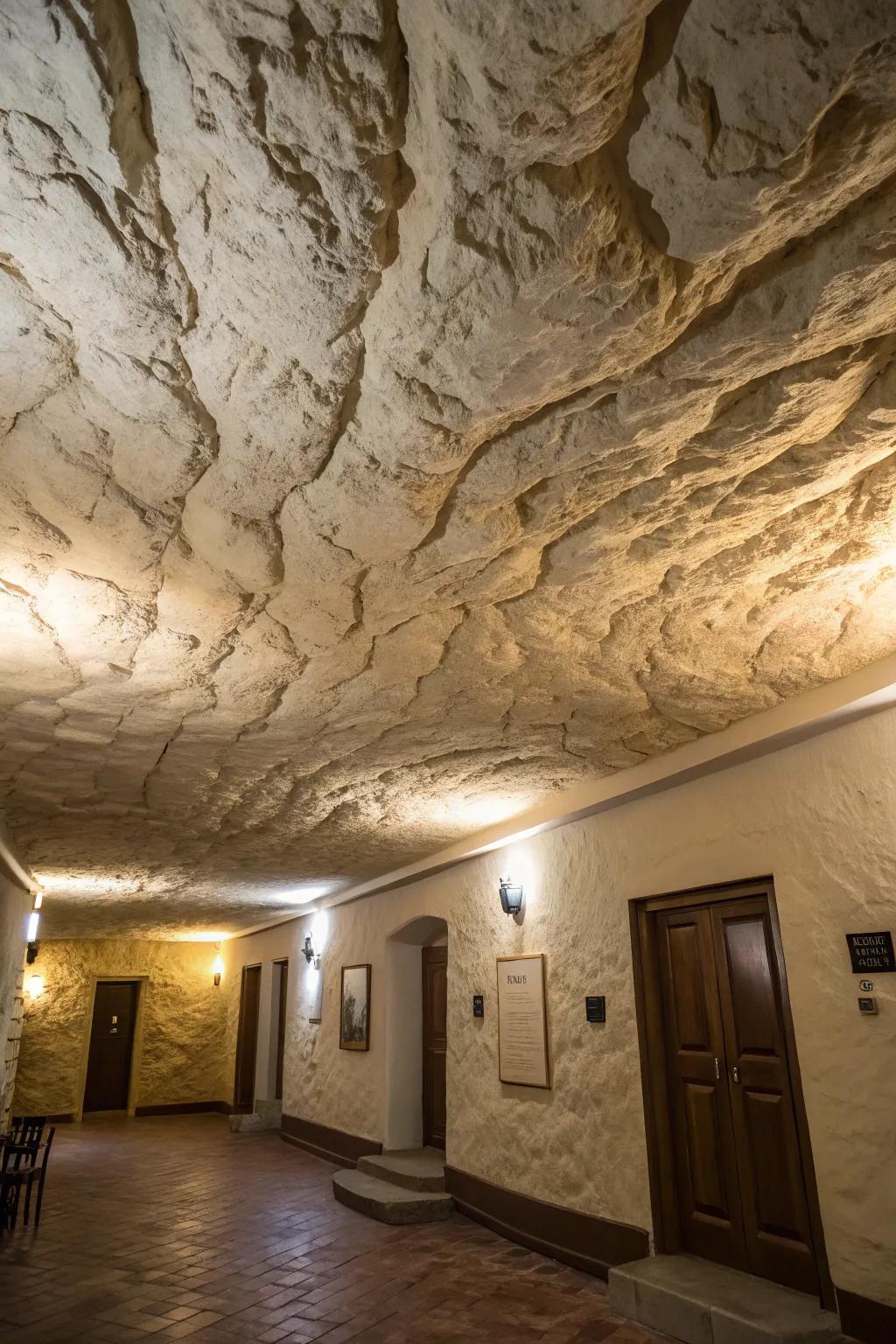 Ceiling textures enhance the cave illusion.