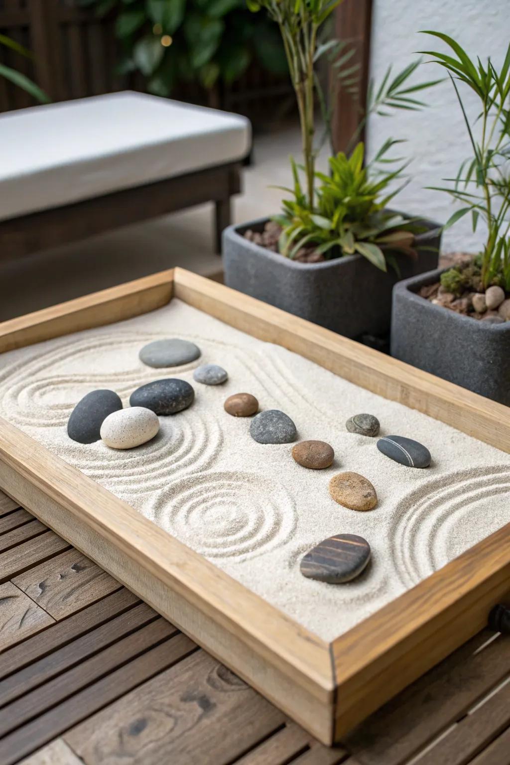 A mini Zen garden introduces tranquility and calmness.