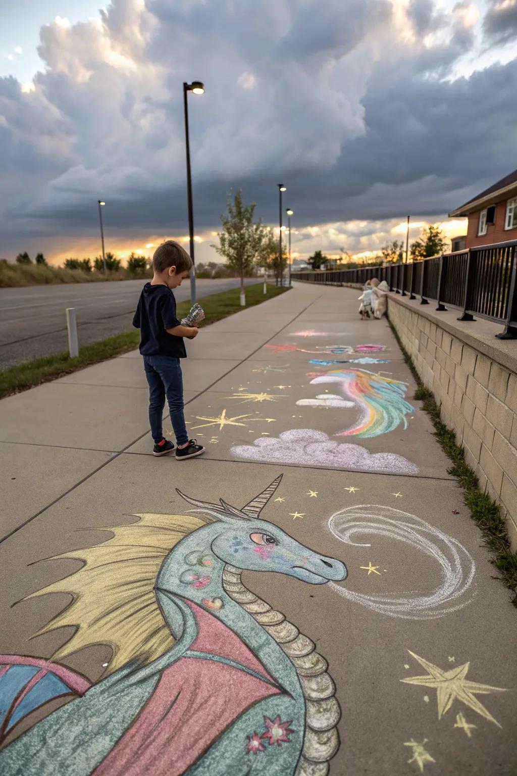 Enchanting chalk art depicting mythical creatures in vivid detail.