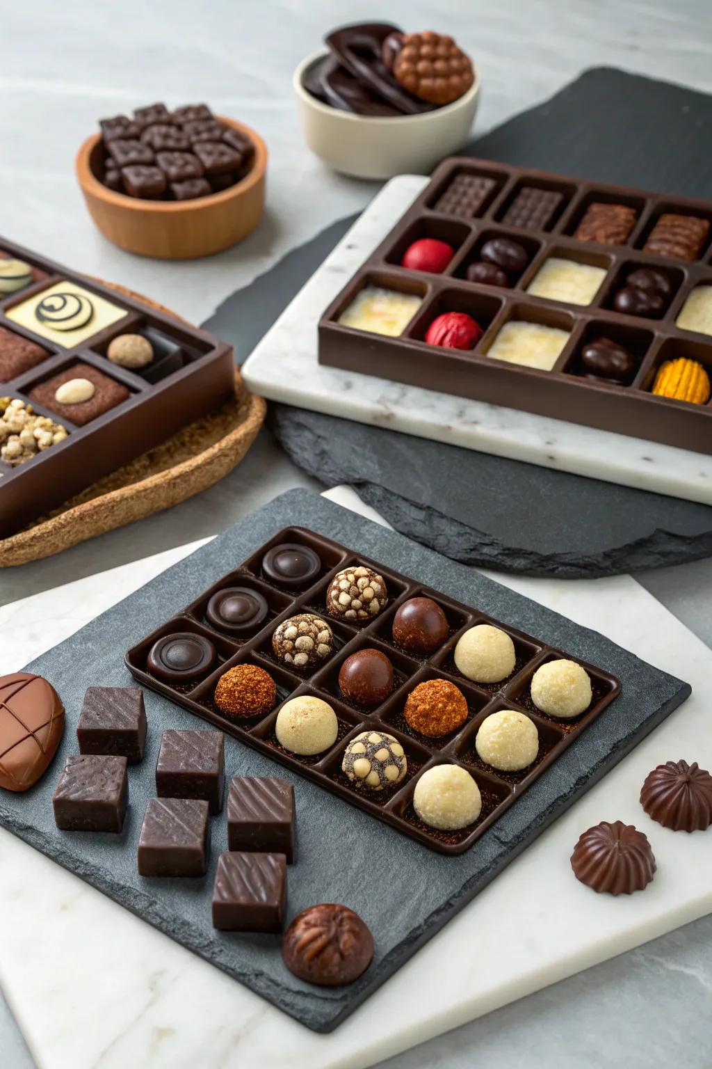 Elegant serving platters showcasing an array of chocolates.