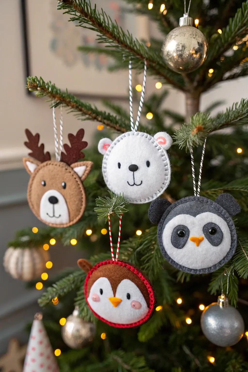 Felt animal ornaments adding personality to a tree.