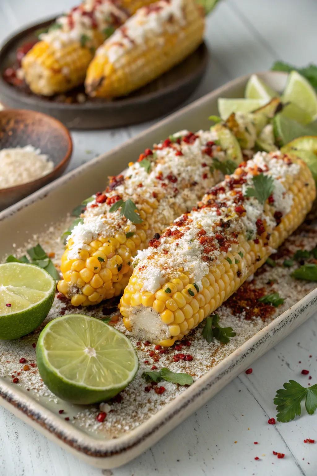 Indulge in the savory goodness of Mexican street corn.