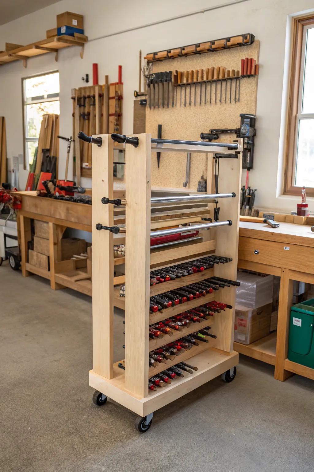 Rolling racks provide flexibility and ease of movement in a workshop.