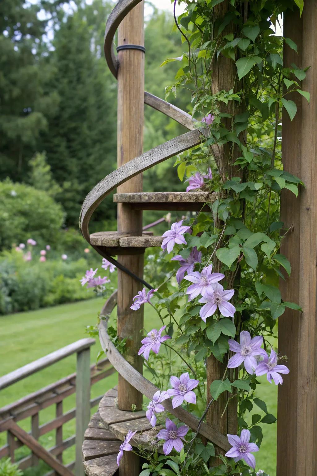 A spiral trellis creates a dynamic visual with clematis vines.