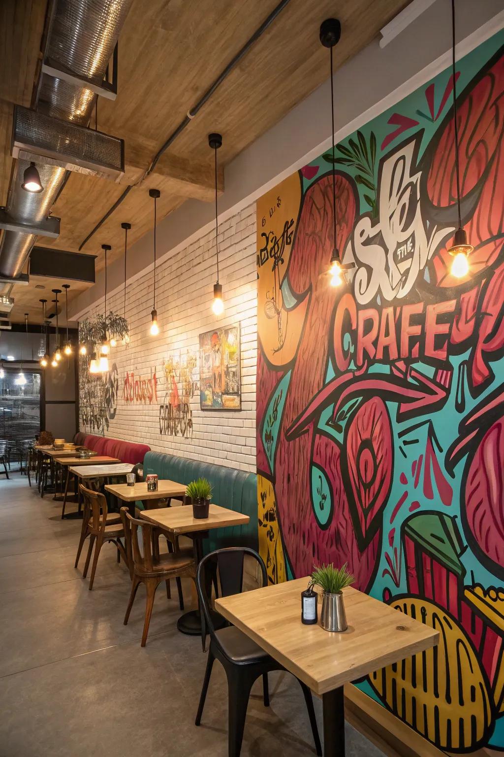 A trendy cafe with a feature wall showcasing 3D graffiti effects.