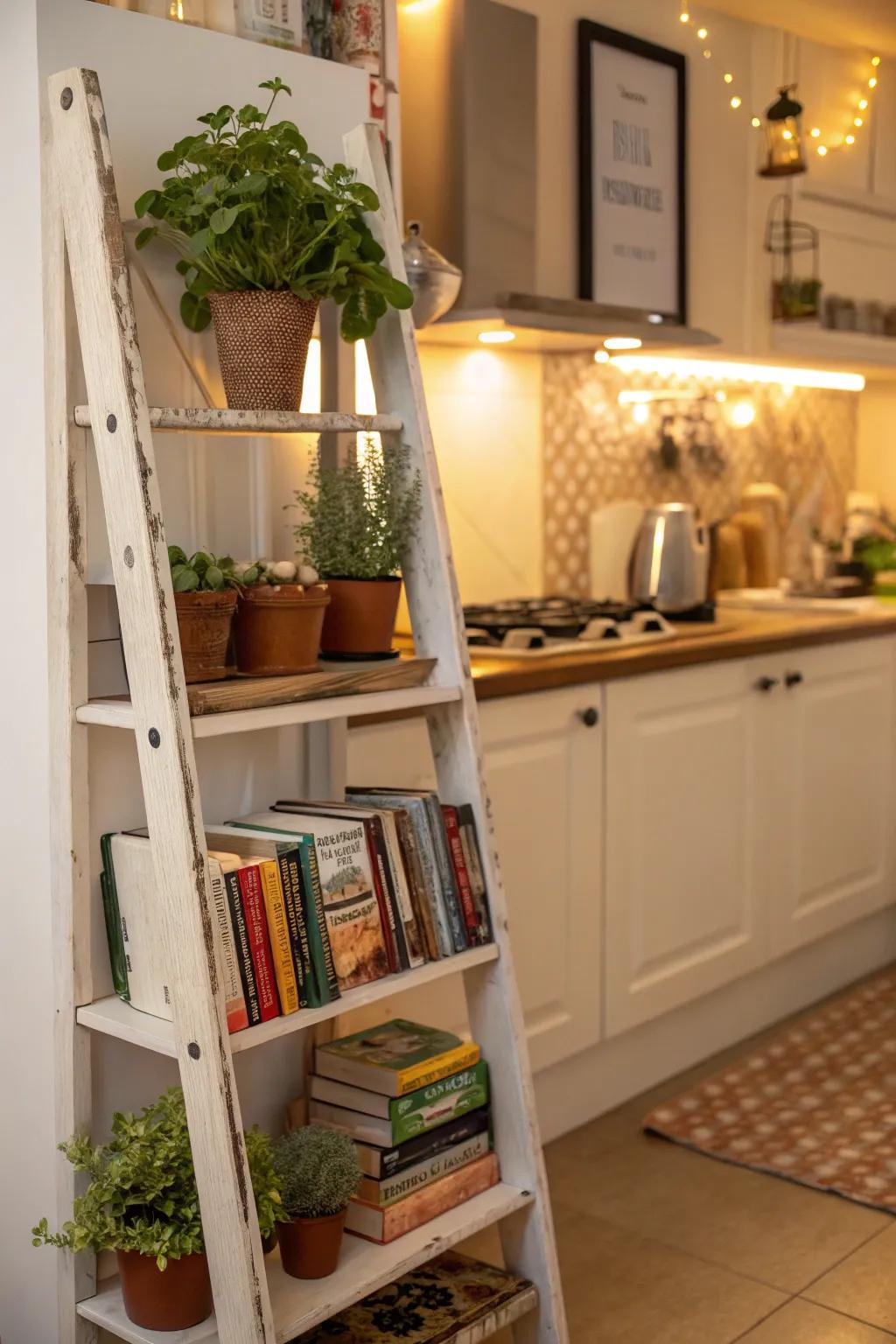 Ladder shelves offer vertical storage with a decorative touch.