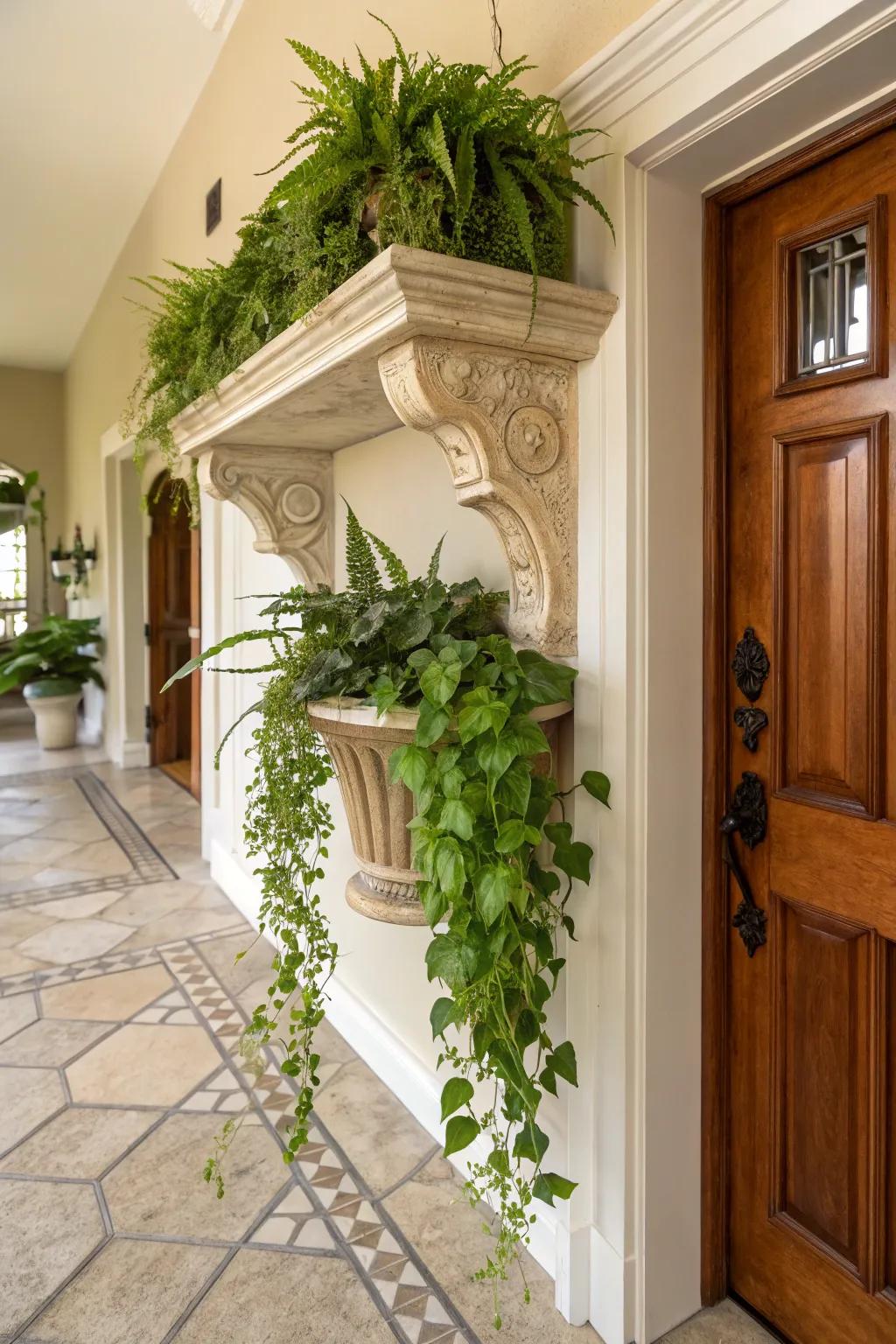 Corbel shelves make a vibrant entryway with plants.