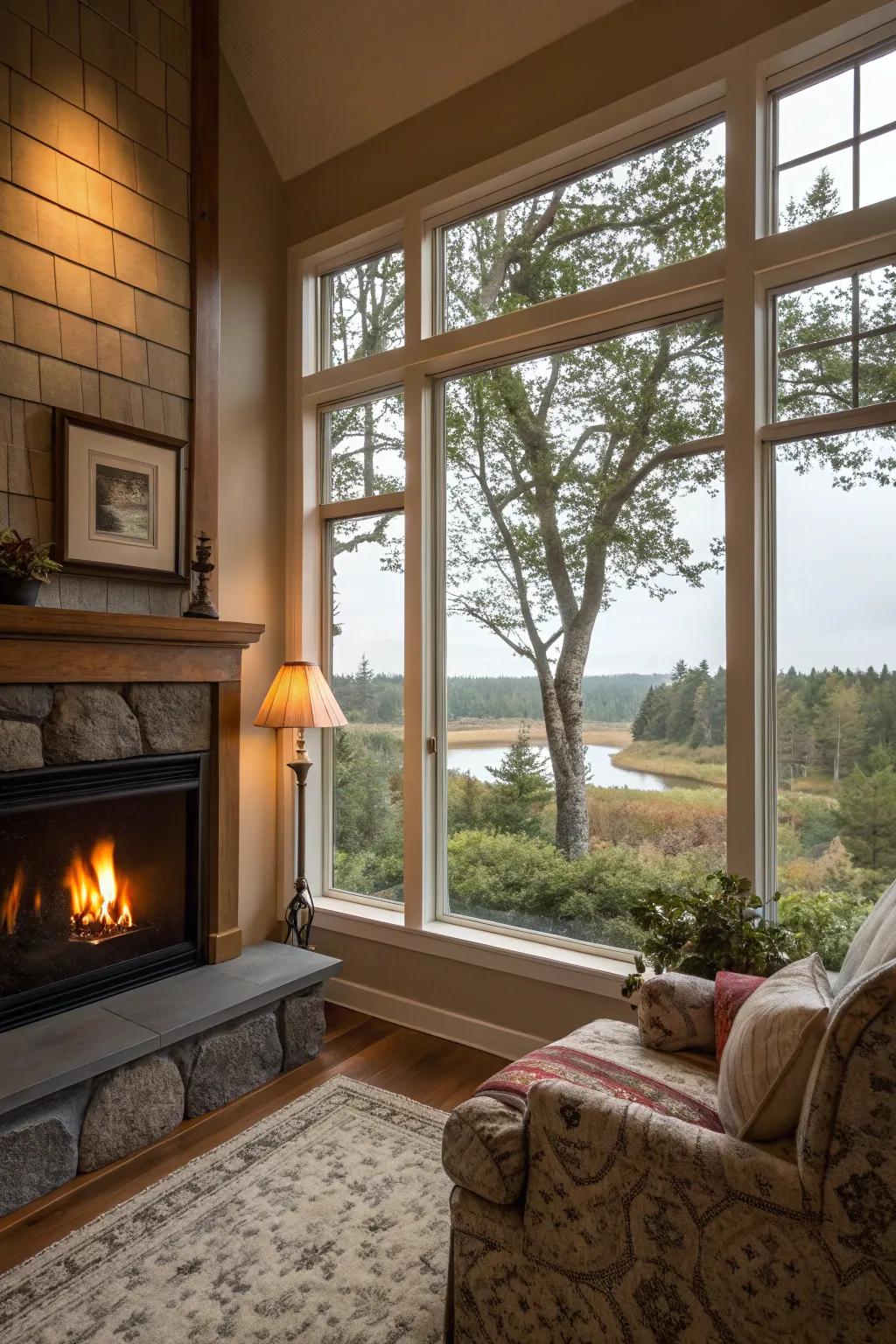 A corner fireplace positioned to enjoy a scenic view.