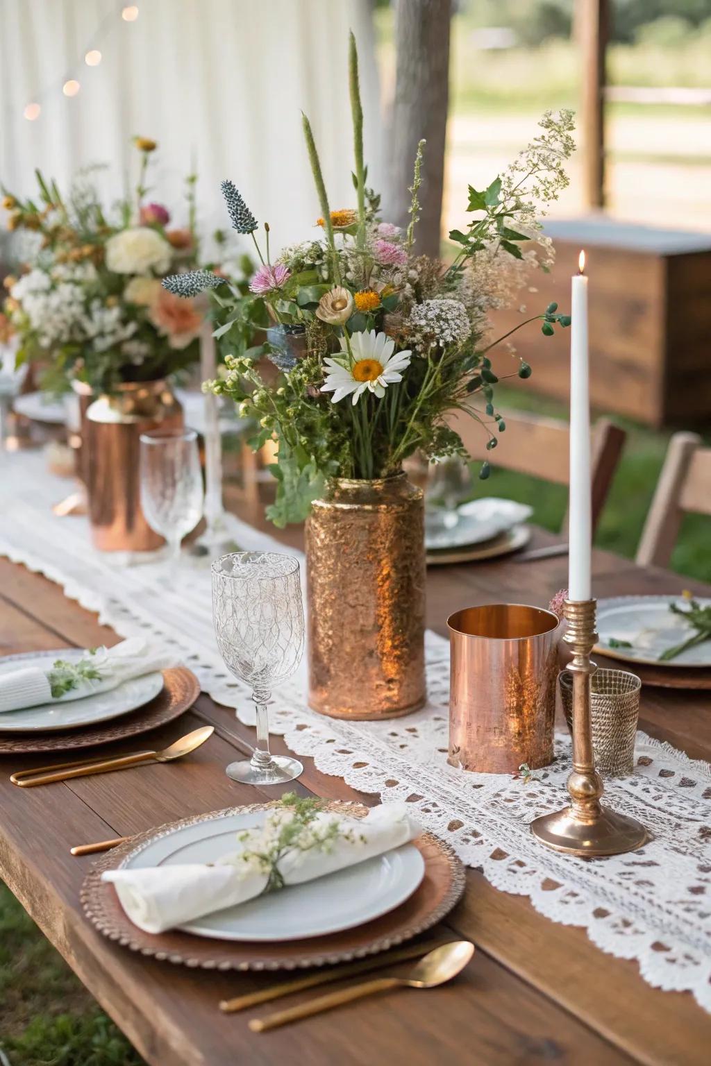 A rustic wedding table elegantly adorned with copper accents.