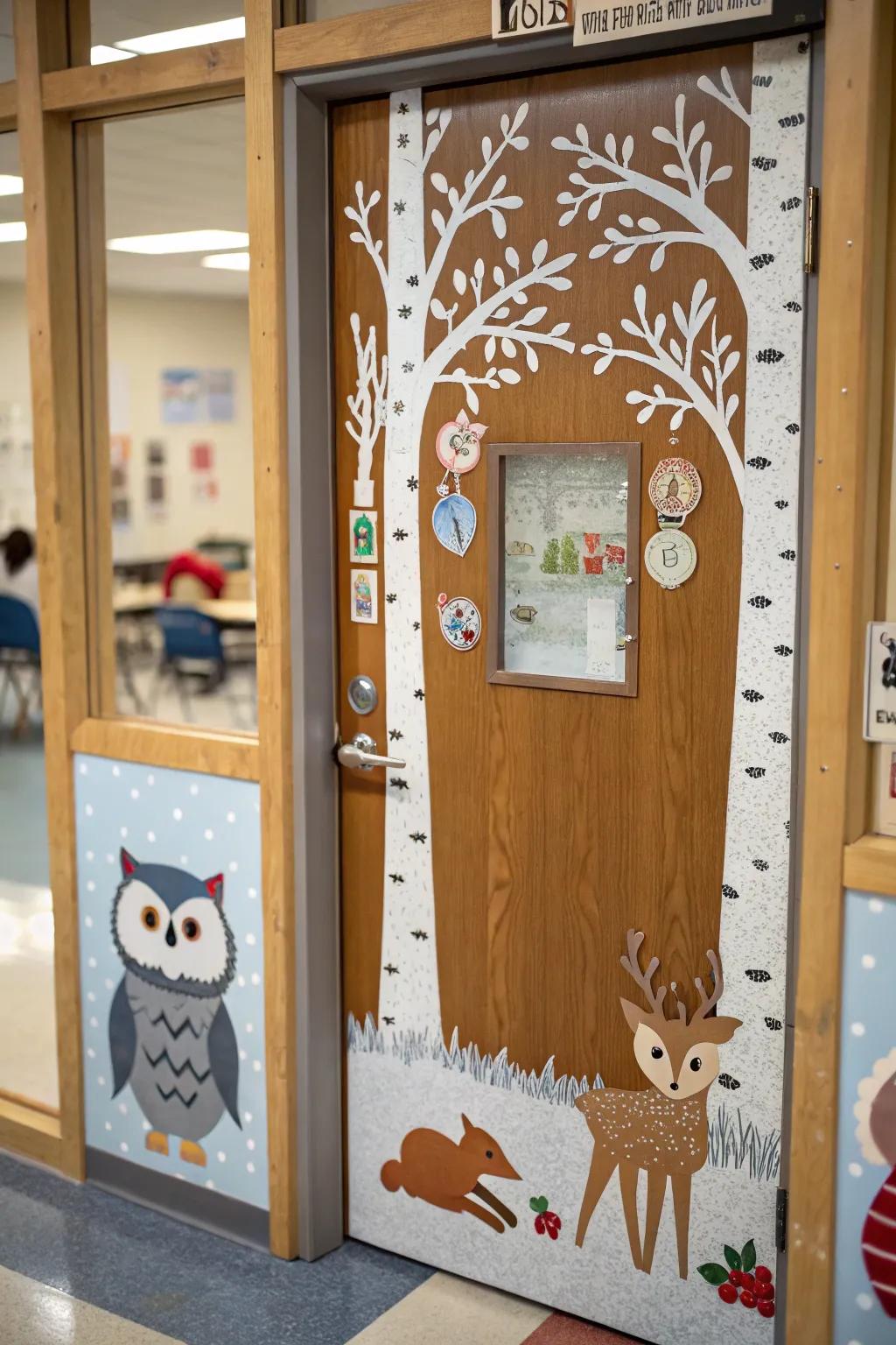 A classroom door with a charming winter woodland theme, full of playful creatures.