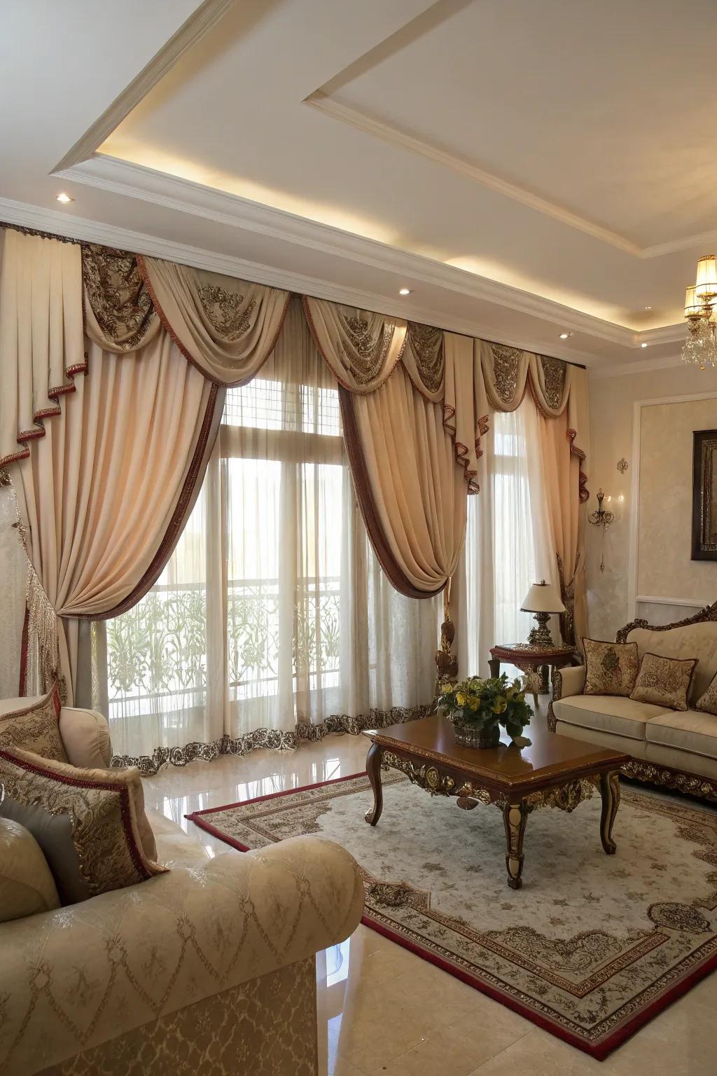 Opulent living room curtains with satin ribbon trims.