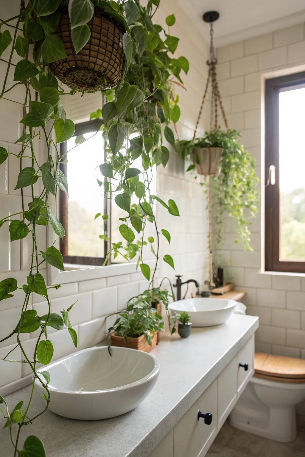 Hanging plants bring natural beauty and a refreshing touch to your bathroom.