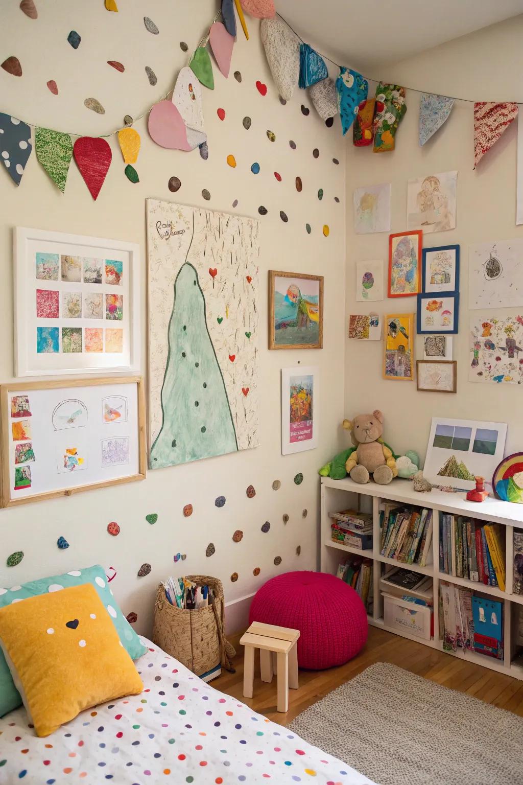 DIY art projects add a personal and creative touch to the room.